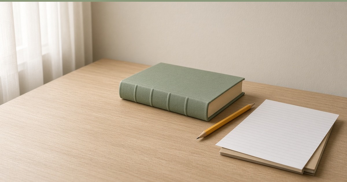 A book, a pencil, and lined paper on a wooden desk
